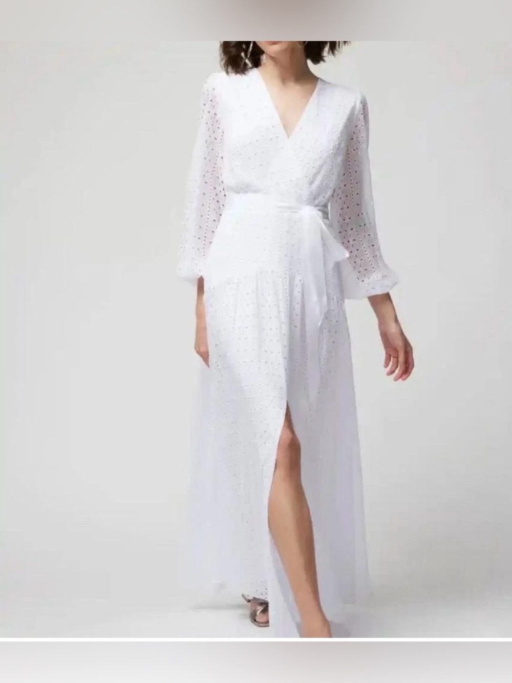 WHBM White Eyelet Embroidered Maxi Dress Belted Boho Size 8 Bridal Coastal
